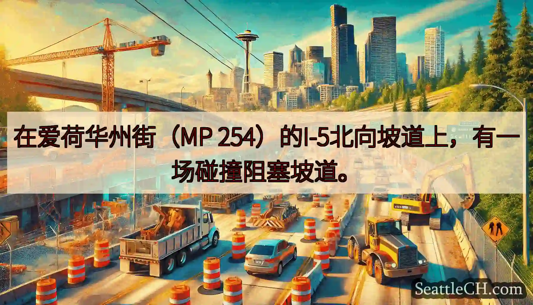 在爱荷华州街（MP 254）的I-5北向坡道上，有一场碰撞阻塞坡道。