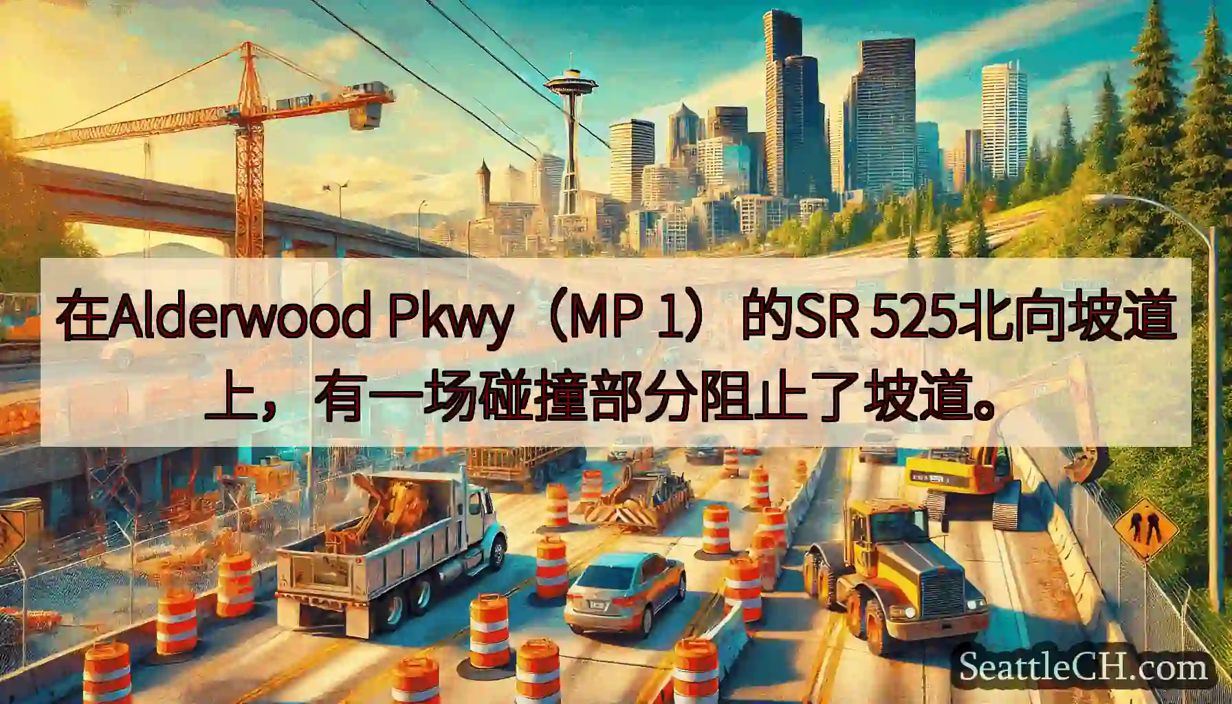 在Alderwood Pkwy（MP 1）的SR 525北向坡道上，有一场碰撞部分阻止了坡道。