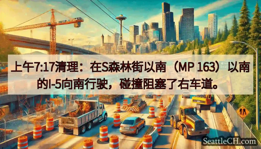 上午7:17清理：在S森林街以南（MP 163）以南的I-5向南行驶，碰撞阻塞了右车道。
