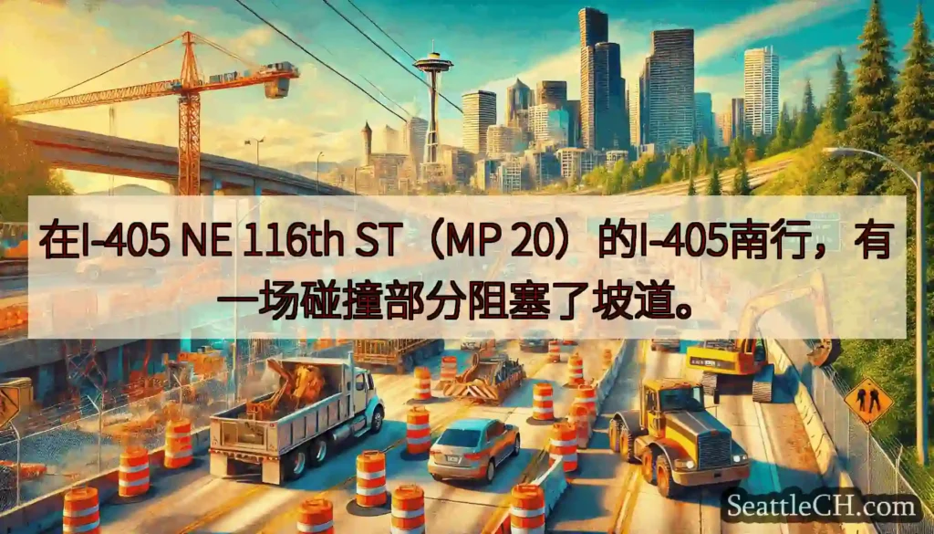 在I-405 NE 116th ST（MP 20）的I-405南行，有一场碰撞部分阻塞了坡道。