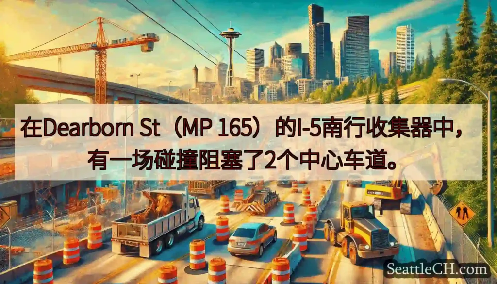 在Dearborn St（MP 165）的I-5南行收集器中，有一场碰撞阻塞了2个中心车道。