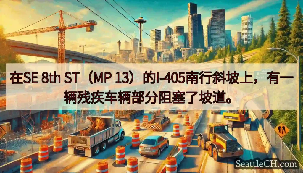 在SE 8th ST（MP 13）的I-405南行斜坡上，有一辆残疾车辆部分阻塞了坡道。