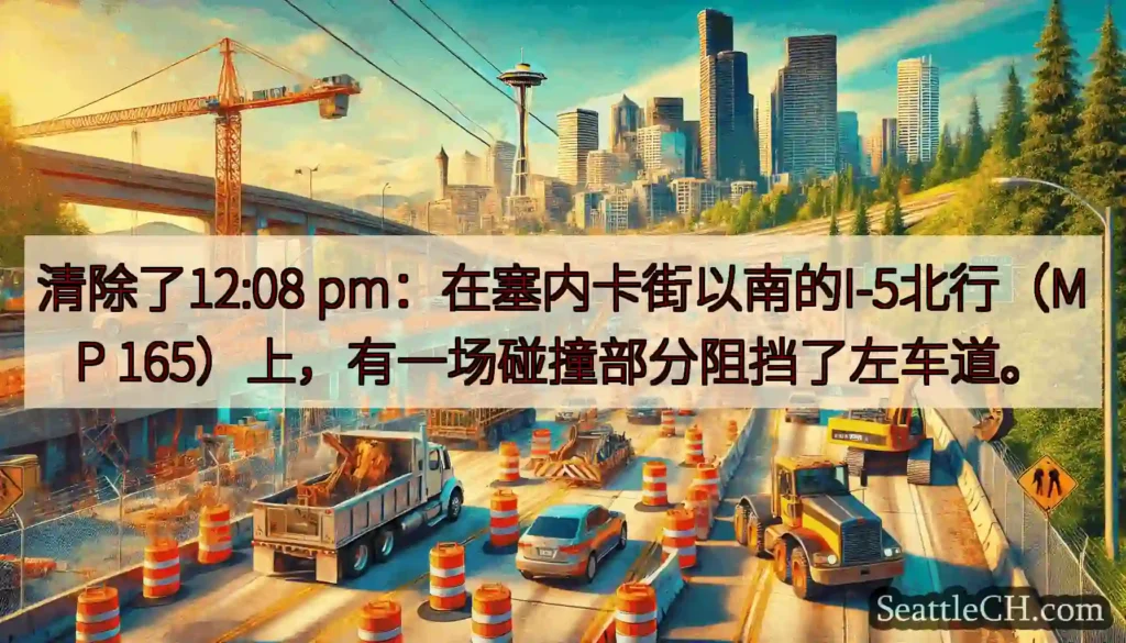 清除了12:08 pm：在塞内卡街以南的I-5北行（MP 165）上，有一场碰撞部分阻挡了左车道。
