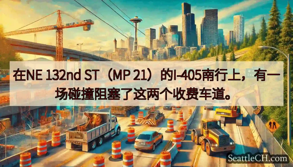 在NE 132nd ST（MP 21）的I-405南行上，有一场碰撞阻塞了这两个收费车道。