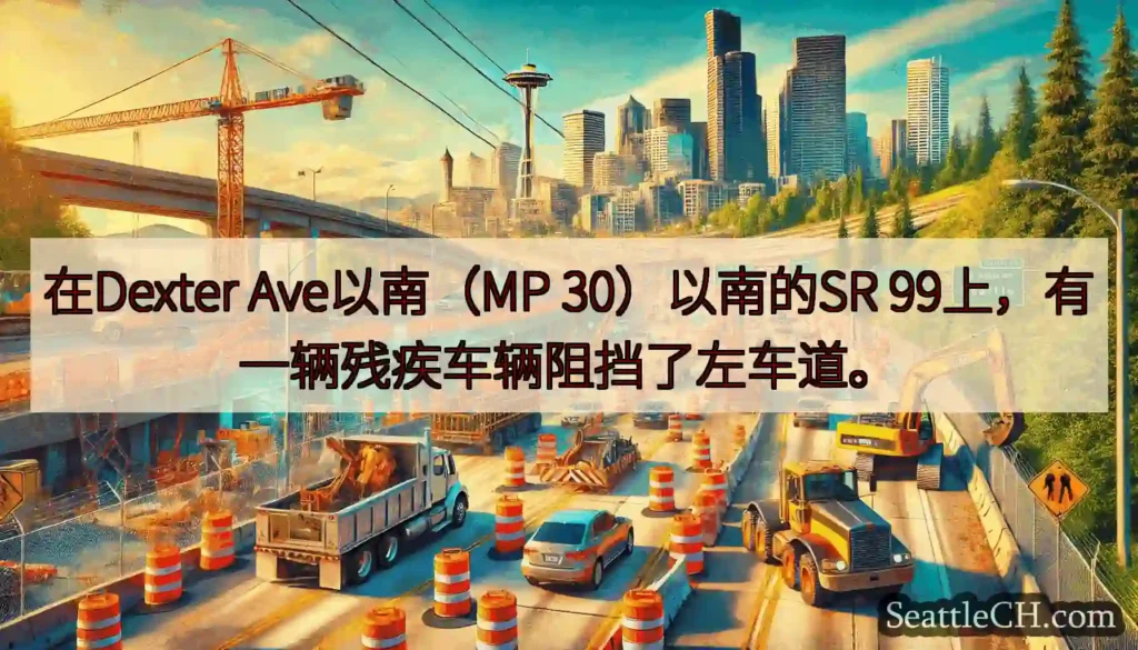 在Dexter Ave以南（MP 30）以南的SR 99上，有一辆残疾车辆阻挡了左车道。
