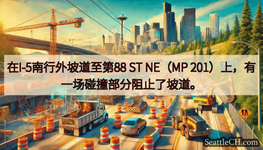 在I-5南行外坡道至第88 ST NE（MP 201）上，有一场碰撞部分阻止了坡道。