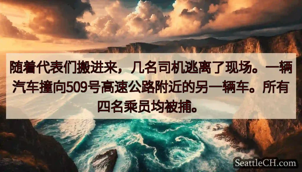 随着代表们搬进来，几名司机逃离了现场。一辆汽车撞向509号高速公路附近的另一辆车。所有四名乘员均被捕