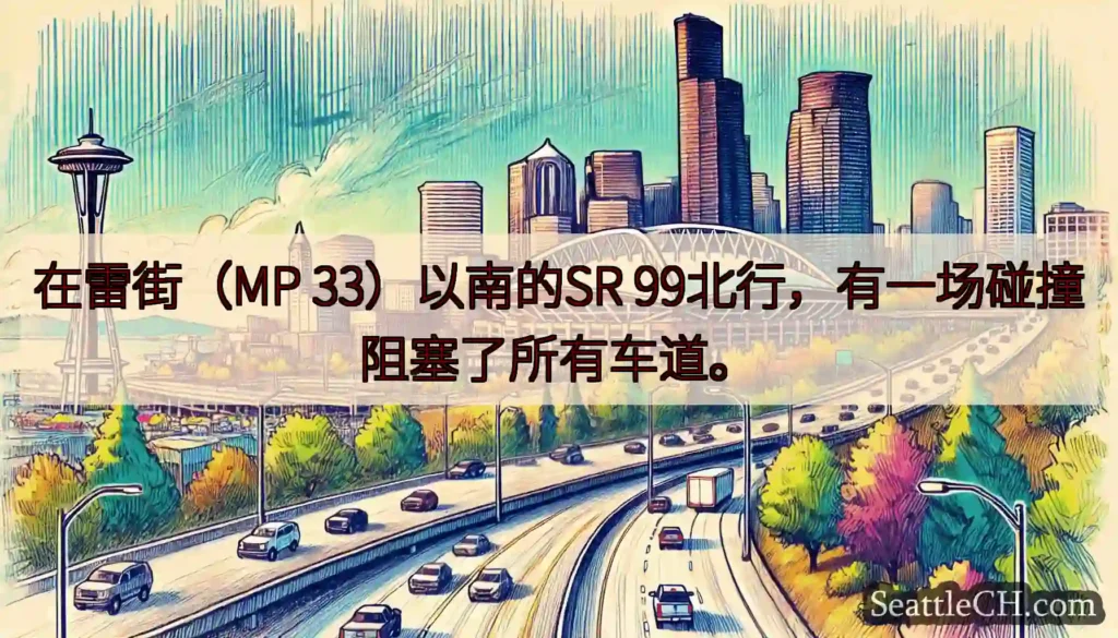 在雷街（MP 33）以南的SR 99北行，有一场碰撞阻塞了所有车道。
