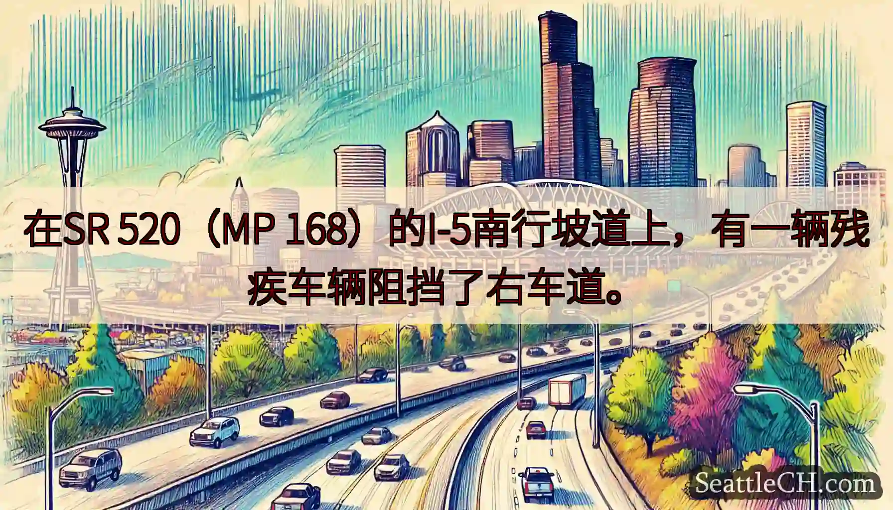 在SR 520（MP 168）的I-5南行坡道上，有一辆残疾车辆阻挡了右车道。