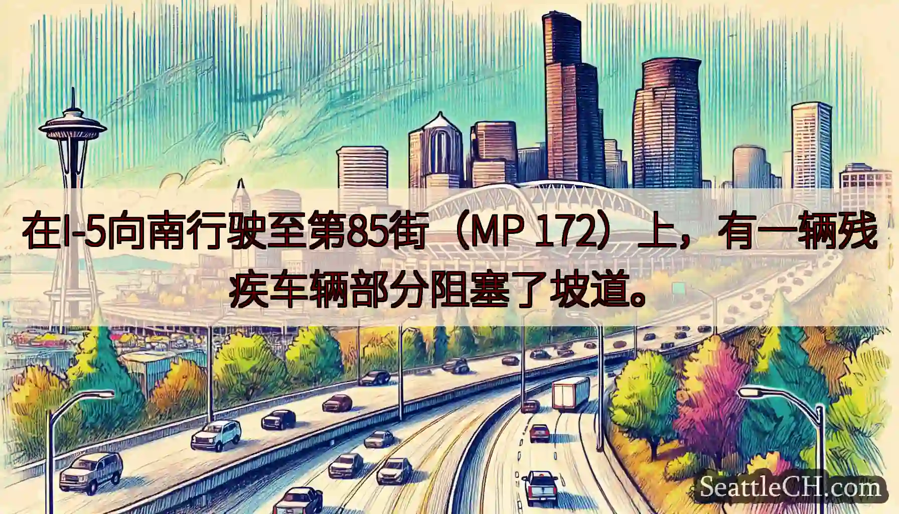 在I-5向南行驶至第85街（MP 172）上，有一辆残疾车辆部分阻塞了坡道。