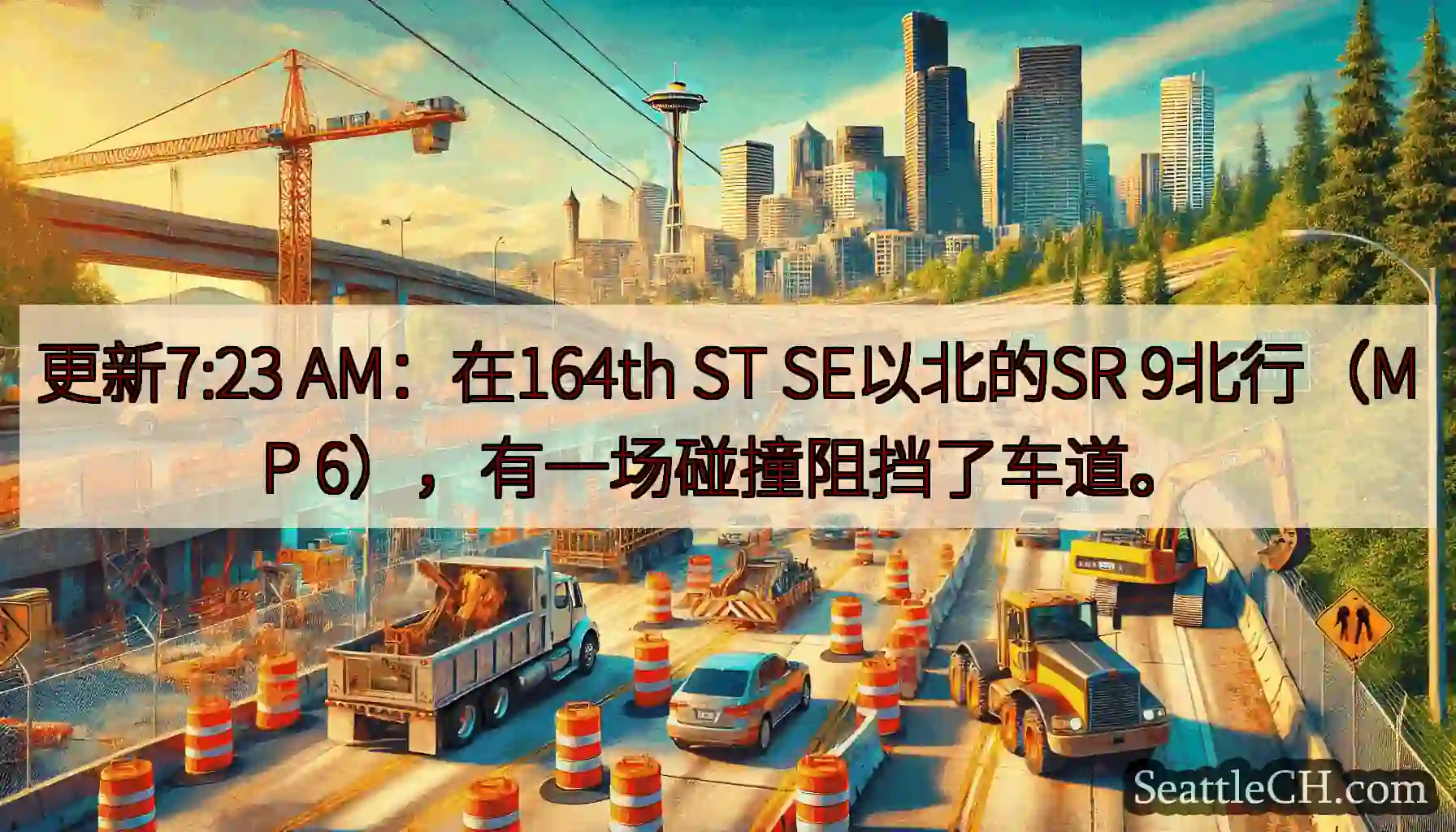 更新7:23 AM：在164th ST SE以北的SR 9北行（MP 6），有一场碰撞阻挡了车道。