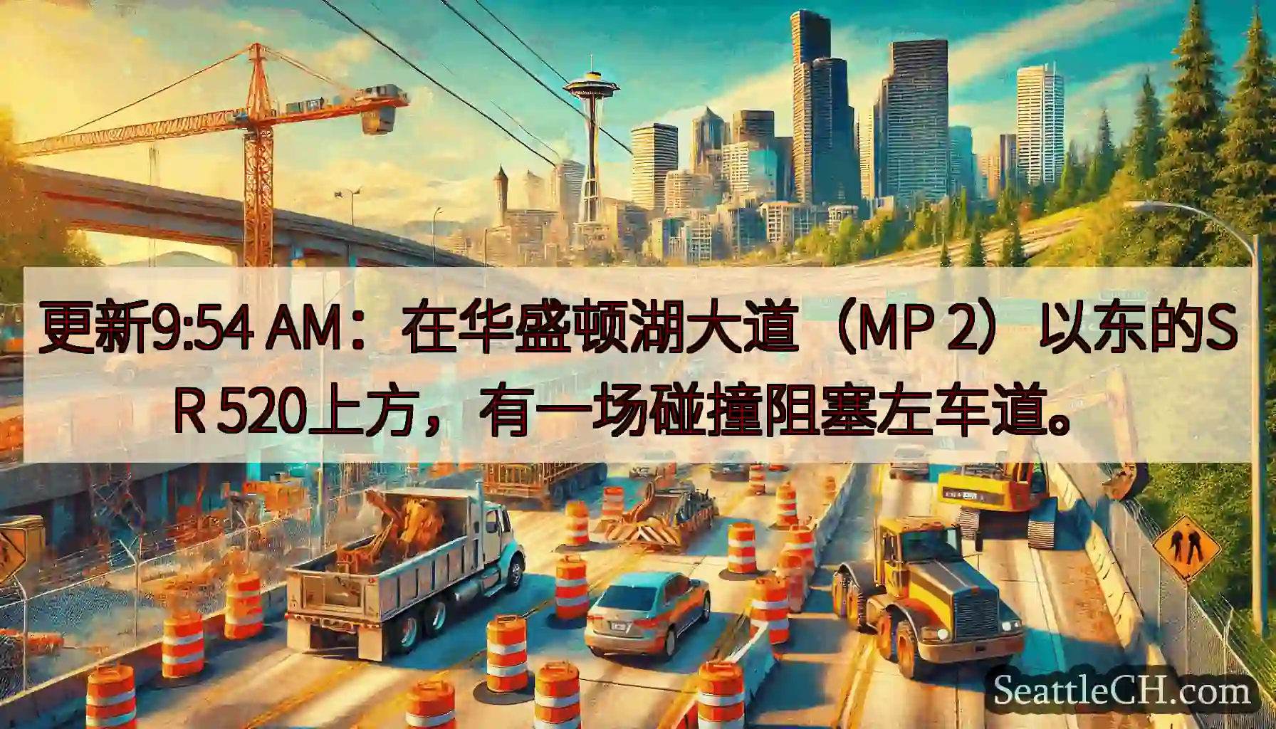 更新9:54 AM：在华盛顿湖大道（MP 2）以东的SR 520上方，有一场碰撞阻塞左车道。