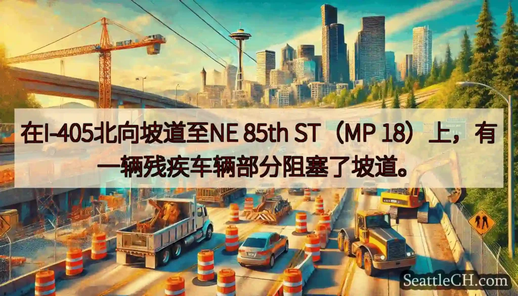 在I-405北向坡道至NE 85th ST（MP 18）上，有一辆残疾车辆部分阻塞了坡道。