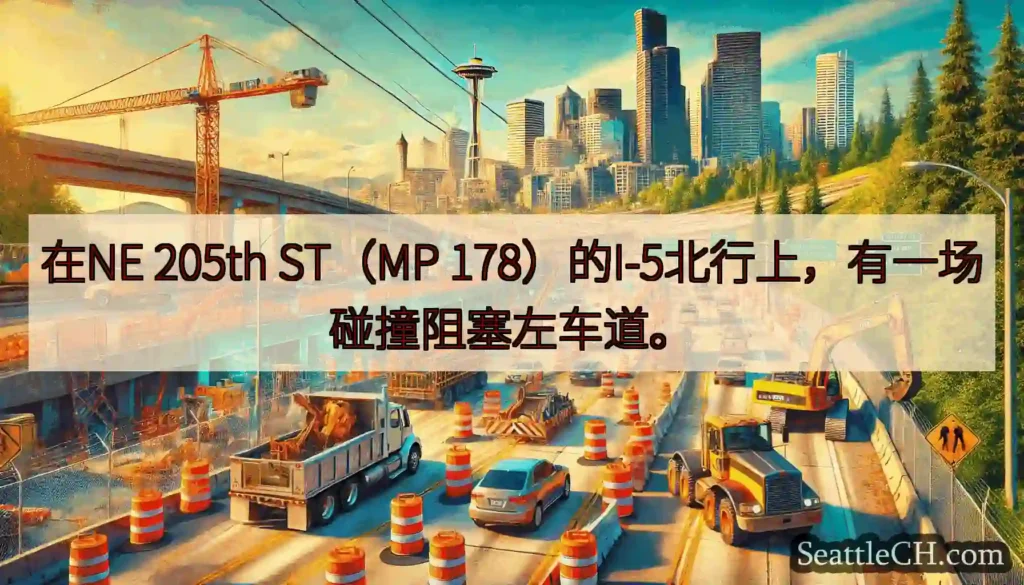 在NE 205th ST（MP 178）的I-5北行上，有一场碰撞阻塞左车道。
