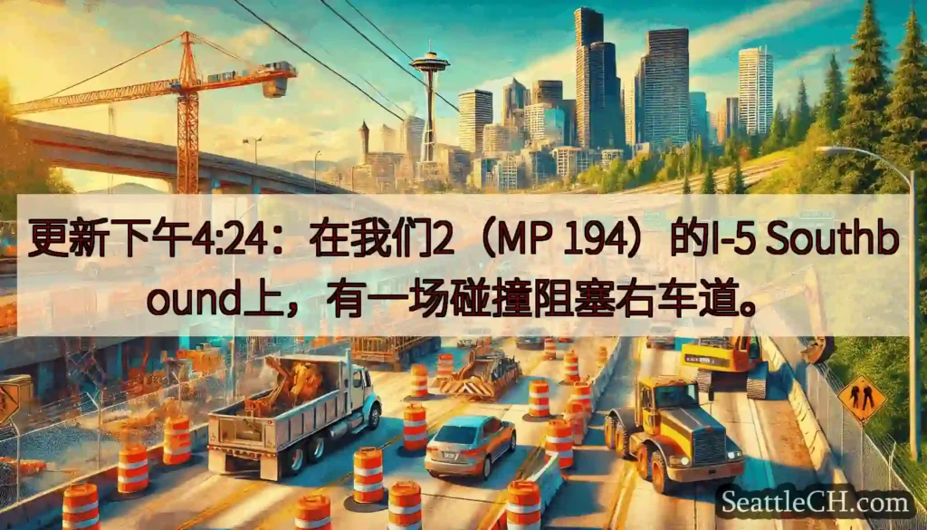 更新下午4:24：在我们2（MP 194）的I-5 Southbound上，有一场碰撞阻塞右车道。