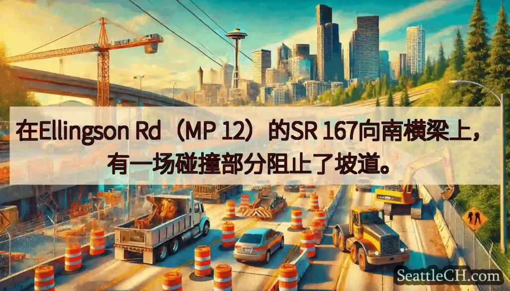 在Ellingson Rd（MP 12）的SR 167向南横梁上，有一场碰撞部分阻止了坡道。