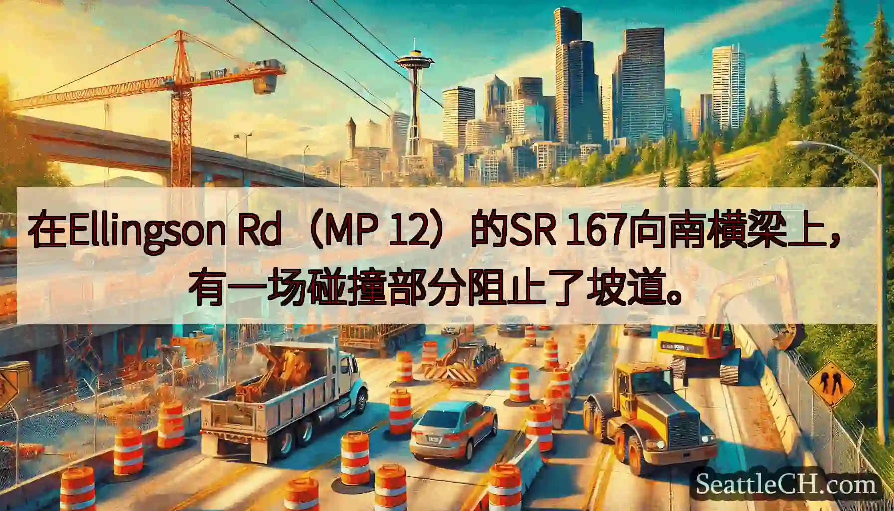 在Ellingson Rd（MP 12）的SR 167向南横梁上，有一场碰撞部分阻止了坡道。