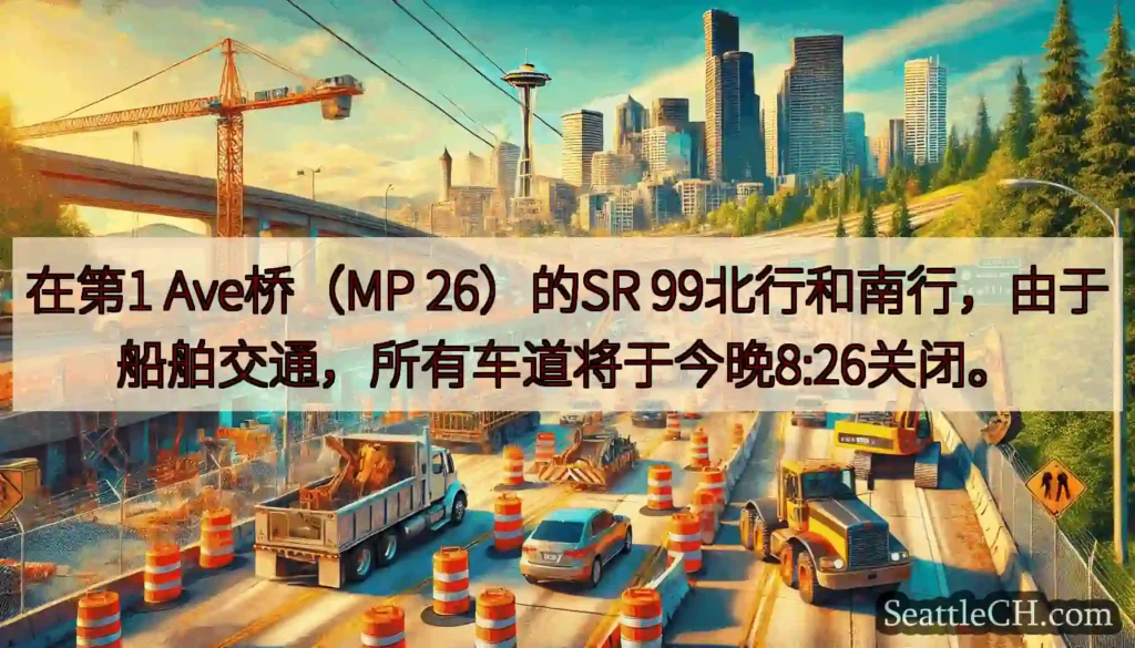 在第1 Ave桥（MP 26）的SR 99北行和南行，由于船舶交通，所有车道将于今晚8:26关闭。