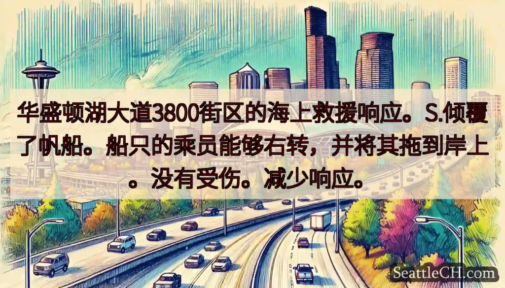 华盛顿湖大道3800街区的海上救援响应。S.倾覆了帆船。船只的乘员能够右转，并将其拖到岸上。没有受伤