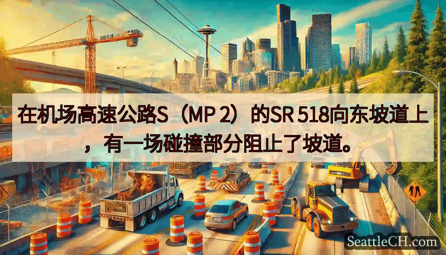 在机场高速公路S（MP 2）的SR 518向东坡道上，有一场碰撞部分阻止了坡道。