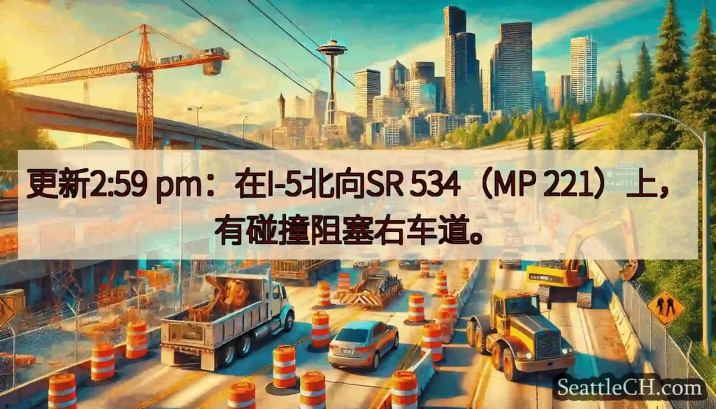 更新2:59 pm：在I-5北向SR 534（MP 221）上，有碰撞阻塞右车道。