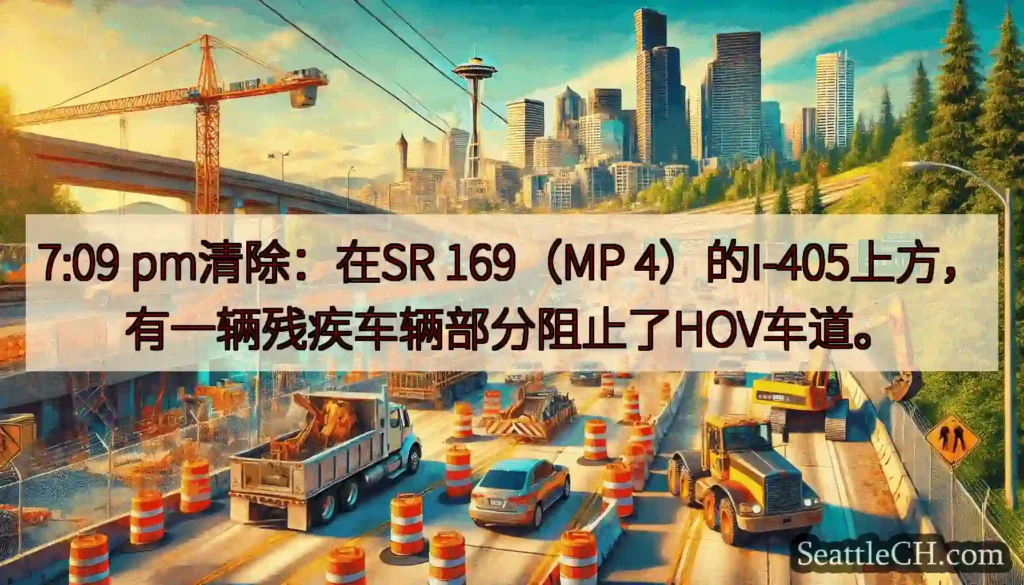 7:09 pm清除：在SR 169（MP 4）的I-405上方，有一辆残疾车辆部分阻止了HOV车道。
