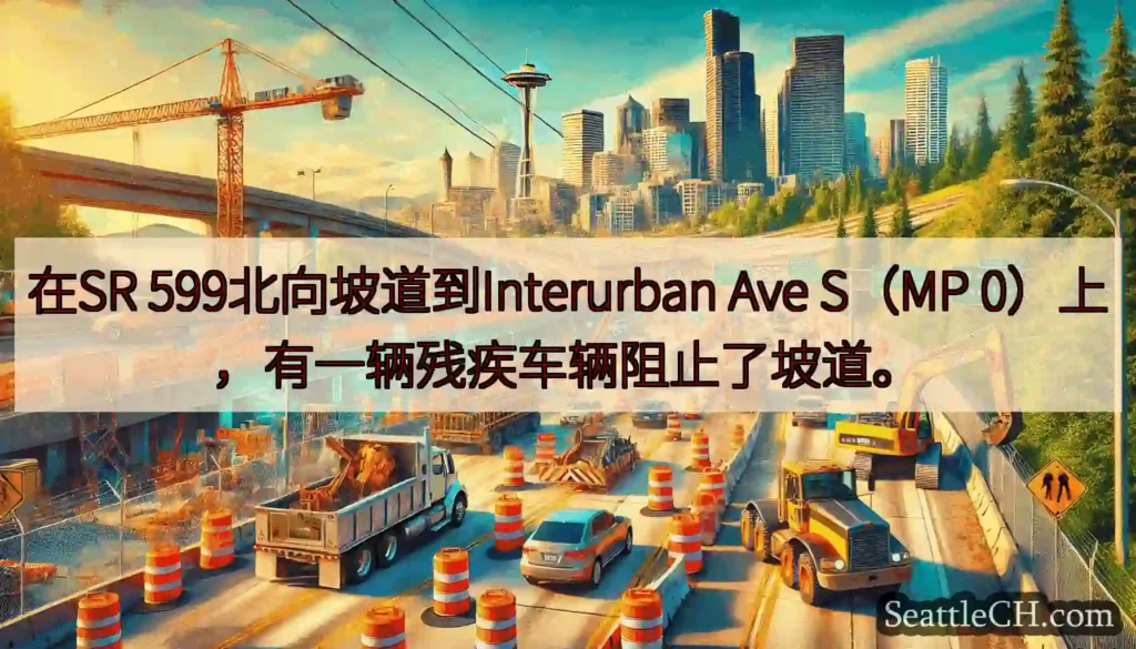 在SR 599北向坡道到Interurban Ave S（MP 0）上，有一辆残疾车辆阻止了坡道。