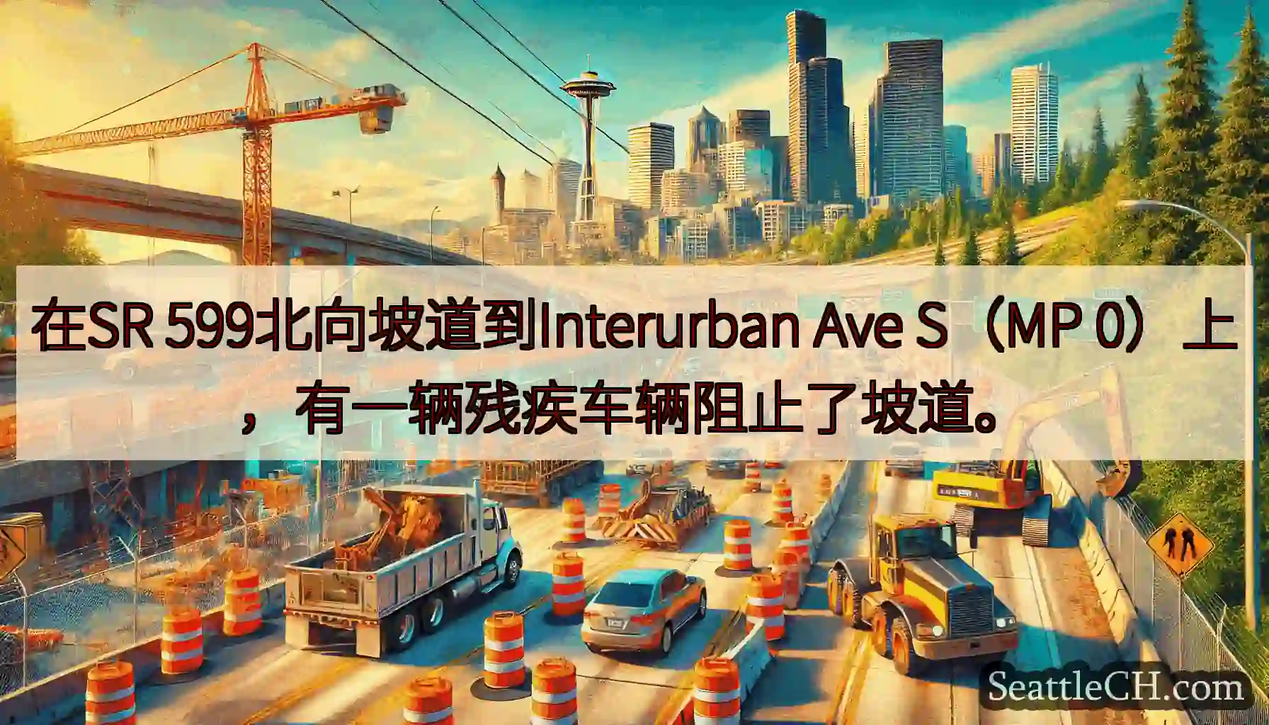 在SR 599北向坡道到Interurban Ave S（MP 0）上，有一辆残疾车辆阻止了坡道。