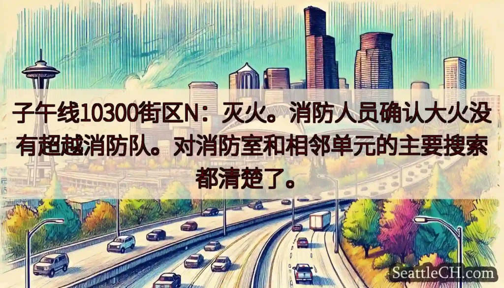 子午线10300街区N：灭火。消防人员确认大火没有超越消防队。对消防室和相邻单元的主要搜索都清楚了。
