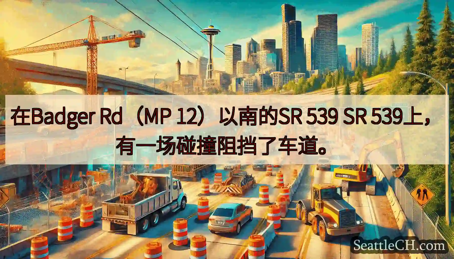 在Badger Rd（MP 12）以南的SR 539 SR 539上，有一场碰撞阻挡了车道。