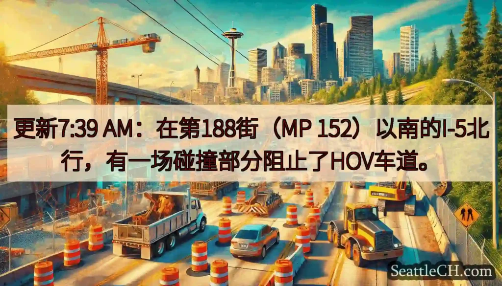 更新7:39 AM：在第188街（MP 152）以南的I-5北行，有一场碰撞部分阻止了HOV车道。