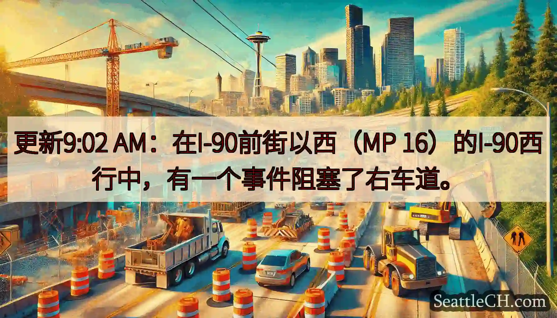 更新9:02 AM：在I-90前街以西（MP 16）的I-90西行中，有一个事件阻塞了右车道。