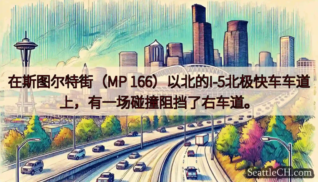 在斯图尔特街（MP 166）以北的I-5北极快车车道上，有一场碰撞阻挡了右车道。