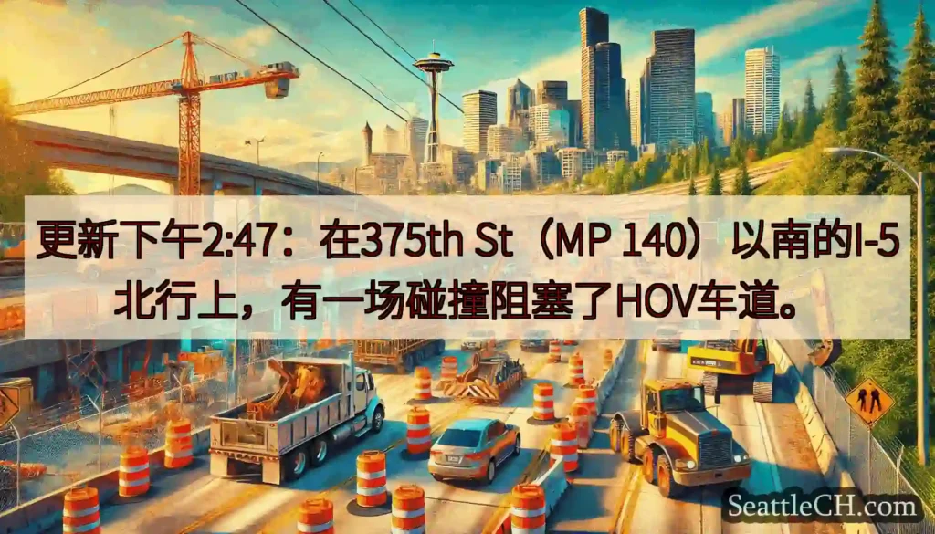 更新下午2:47：在375th St（MP 140）以南的I-5北行上，有一场碰撞阻塞了HOV车道。