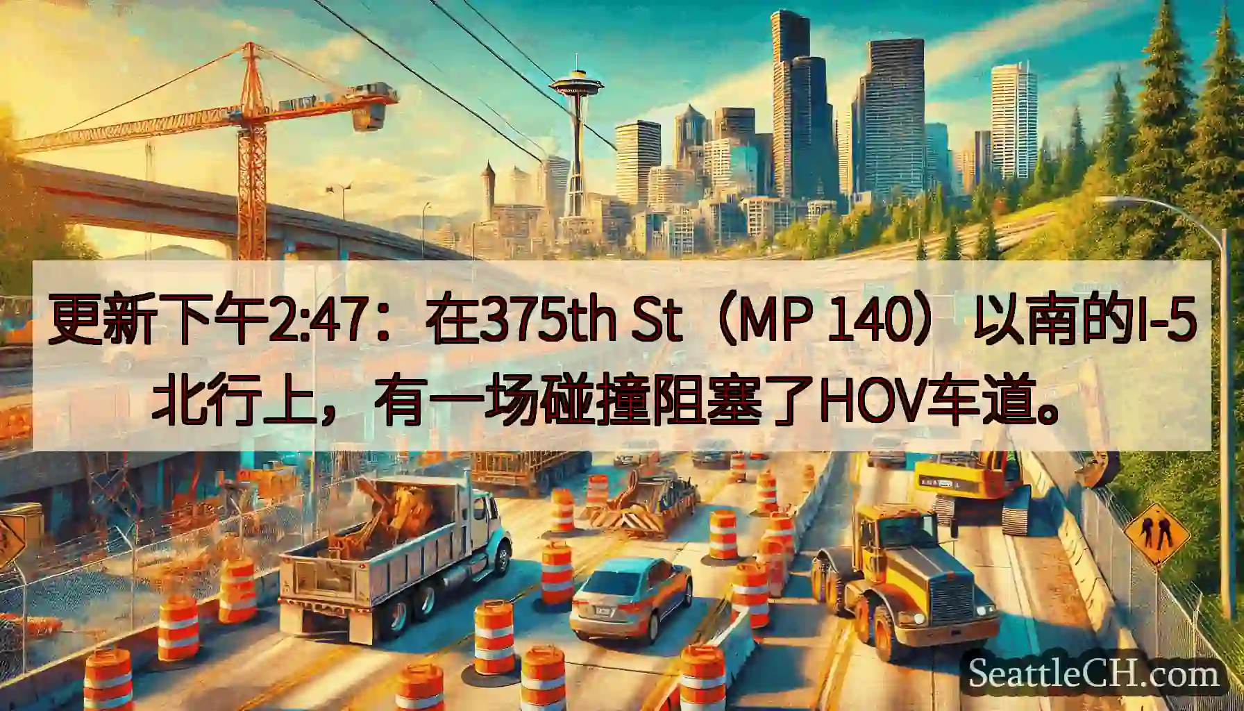 更新下午2:47：在375th St（MP 140）以南的I-5北行上，有一场碰撞阻塞了HOV车道。
