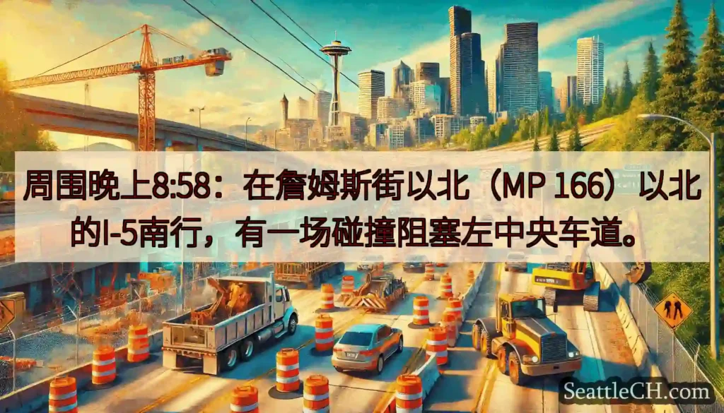 周围晚上8:58：在詹姆斯街以北（MP 166）以北的I-5南行，有一场碰撞阻塞左中央车道。
