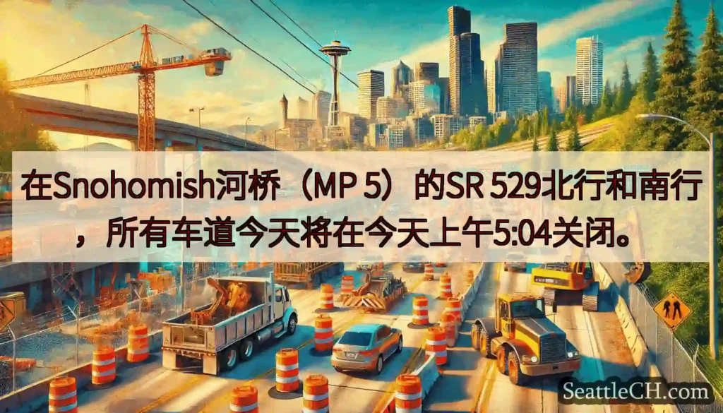 在Snohomish河桥（MP 5）的SR 529北行和南行，所有车道今天将在今天上午5:04关闭。