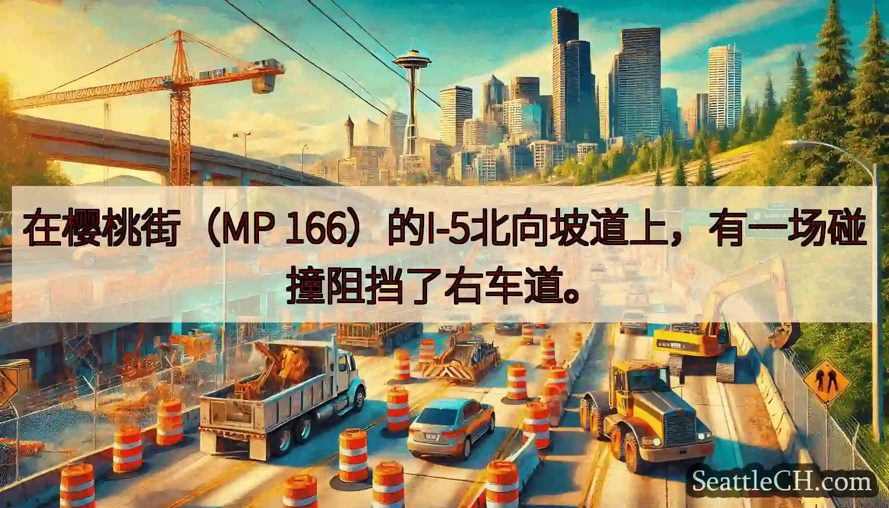 在樱桃街（MP 166）的I-5北向坡道上，有一场碰撞阻挡了右车道。