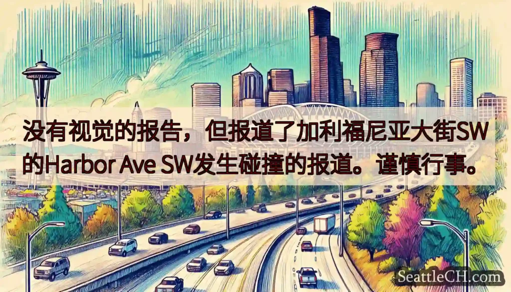 没有视觉的报告，但报道了加利福尼亚大街SW的Harbor Ave SW发生碰撞的报道。谨慎行事。