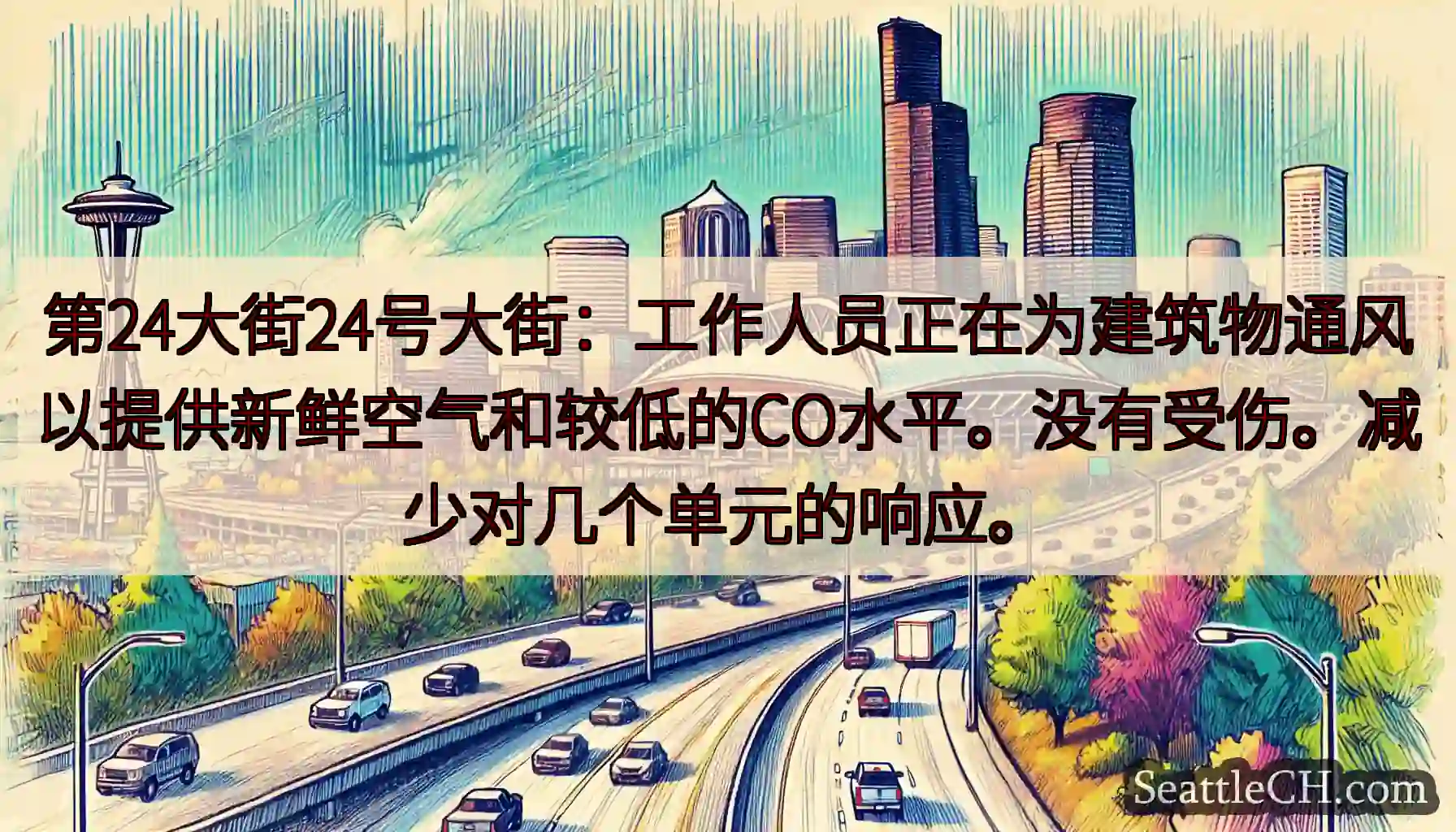第24大街24号大街：工作人员正在为建筑物通风以提供新鲜空气和较低的CO水平。没有受伤。减少对几个单