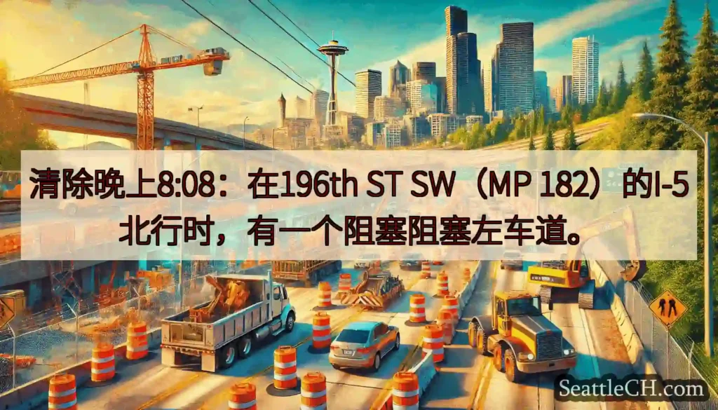 清除晚上8:08：在196th ST SW（MP 182）的I-5北行时，有一个阻塞阻塞左车道。