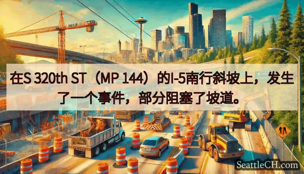 在S 320th ST（MP 144）的I-5南行斜坡上，发生了一个事件，部分阻塞了坡道。