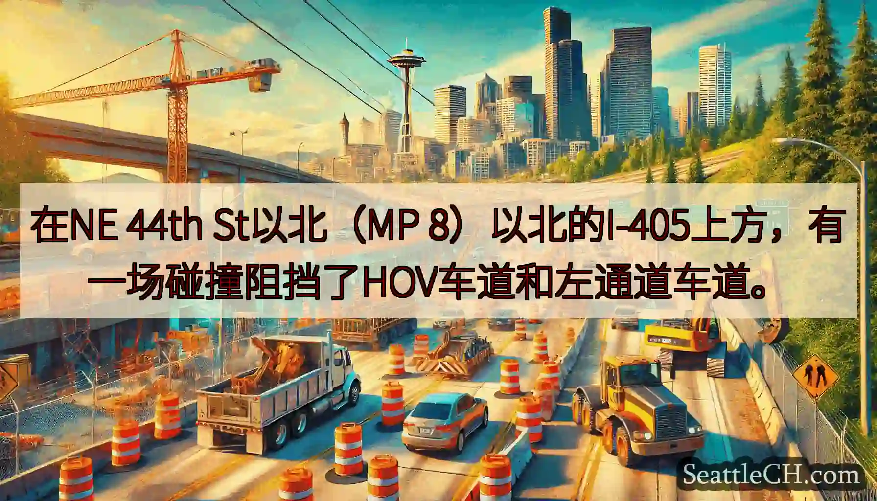 在NE 44th St以北（MP 8）以北的I-405上方，有一场碰撞阻挡了HOV车道和左通道车道。