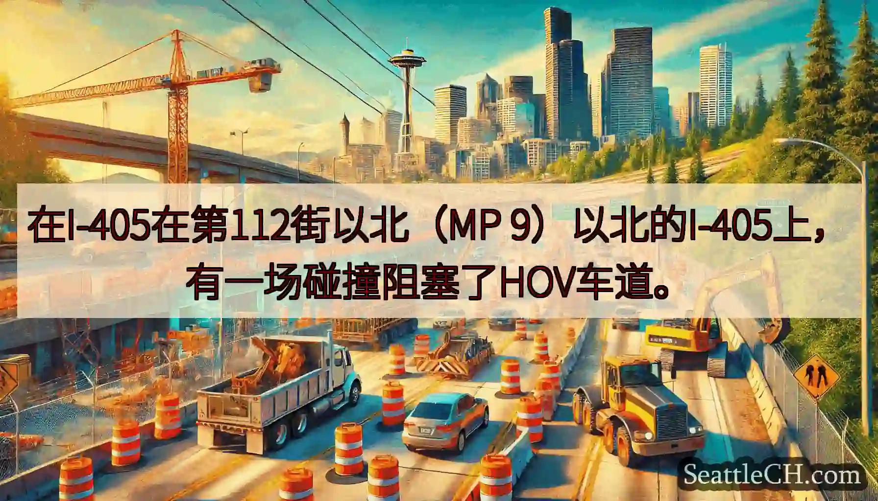 在I-405在第112街以北（MP 9）以北的I-405上，有一场碰撞阻塞了HOV车道。