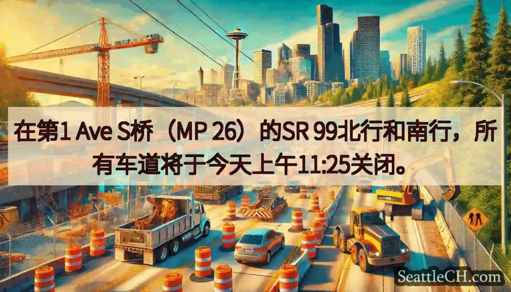 在第1 Ave S桥（MP 26）的SR 99北行和南行，所有车道将于今天上午11:25关闭。