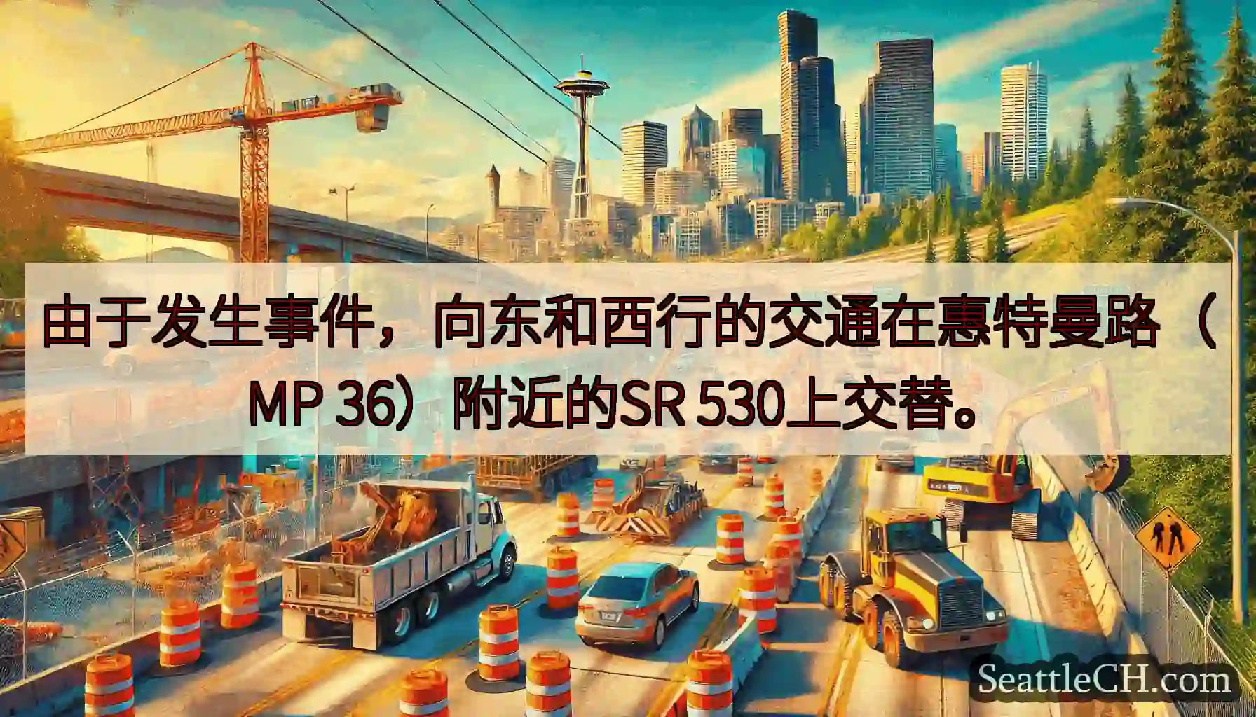 由于发生事件，向东和西行的交通在惠特曼路（MP 36）附近的SR 530上交替。