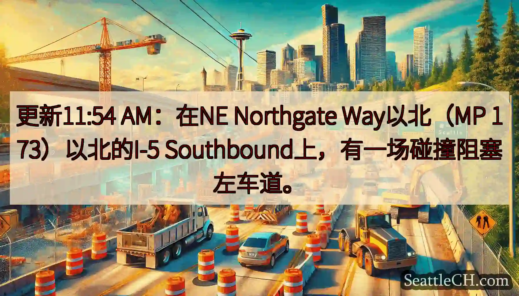 更新11:54 AM：在NE Northgate Way以北（MP 173）以北的I-5
