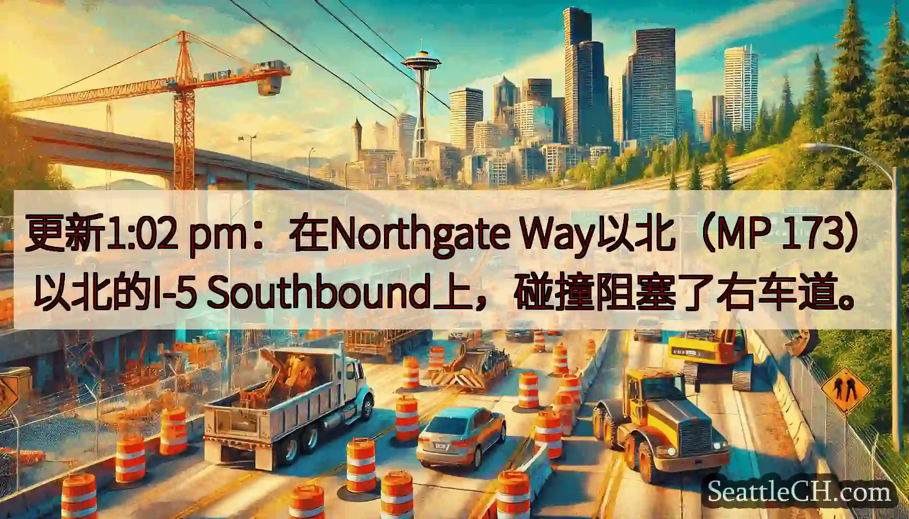 更新1:02 pm：在Northgate Way以北（MP 173）以北的I-5