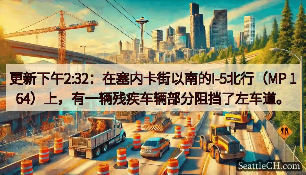 更新下午2:32：在塞内卡街以南的I-5北行（MP 164）上，有一辆残疾车辆部分阻挡了左车道。