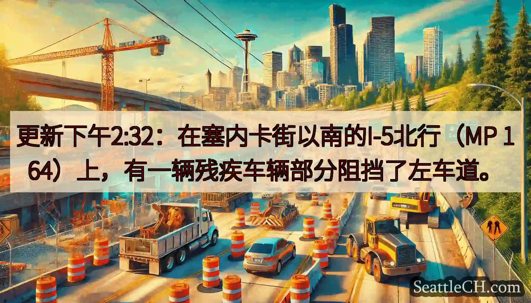 更新下午2:32：在塞内卡街以南的I-5北行（MP 164）上，有一辆残疾车辆部分阻挡了左车道。